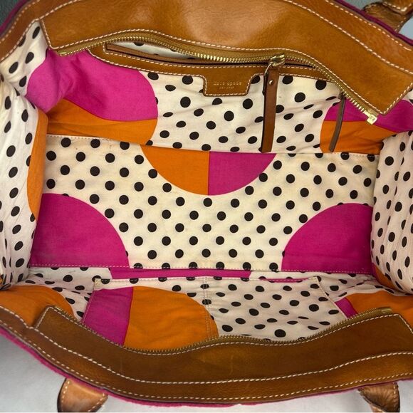 Kate Spade New York Shoulder Bag Pink Wool Brown Leather Trim Zip Top - Picture 12 of 12